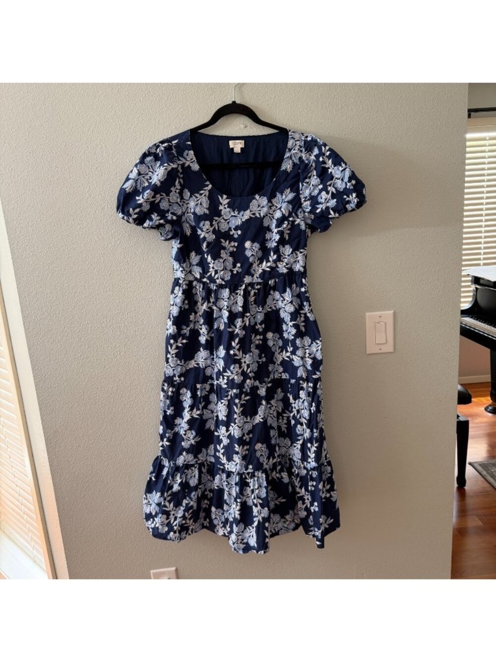 J. Crew Factory Cotton Puffed Sleeve Midi Dress Blue Floral Womens 10 Scoop Neck